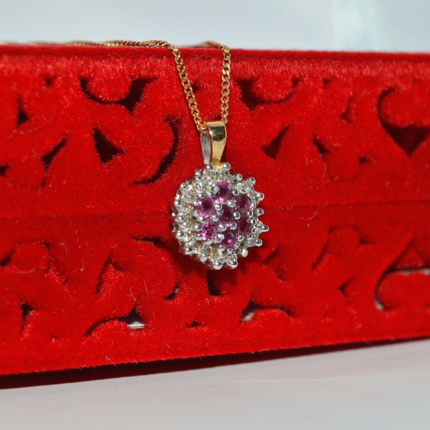 9ct Gold - Ruby & Diamond Cluster Necklace right tilt close