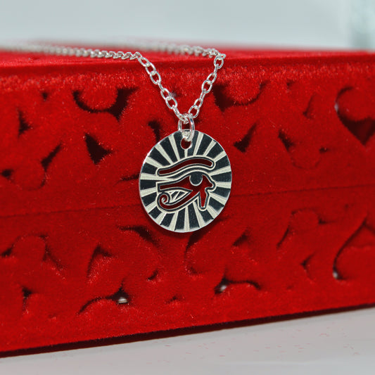 Sterling Silver - Eye Of Horus Medallion Necklace right tilt close