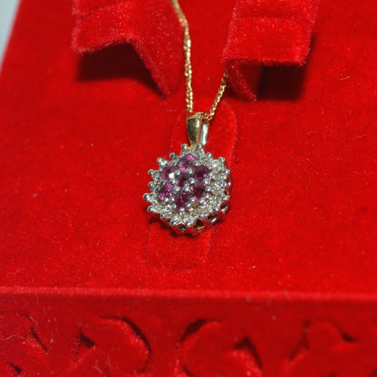 9ct Gold - Ruby & Diamond Cluster Necklace box left tilt