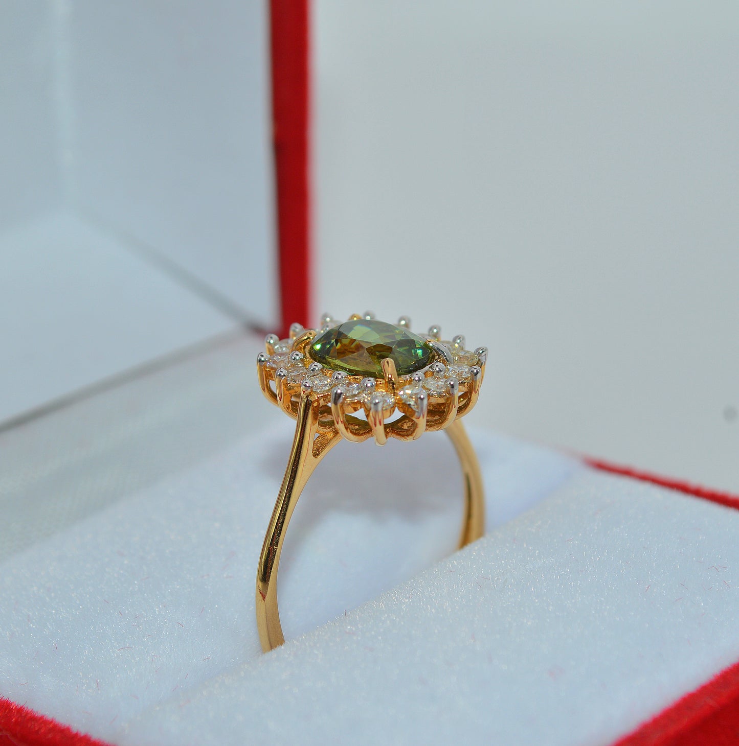 18ct Gold -Demantoid Garnet & Diamond Cluster Ring right tilt upright