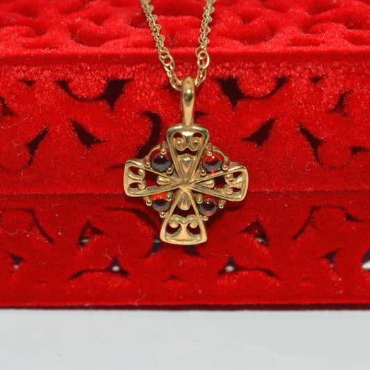 9ct Gold - Openwork Garnet Cross Necklace front close