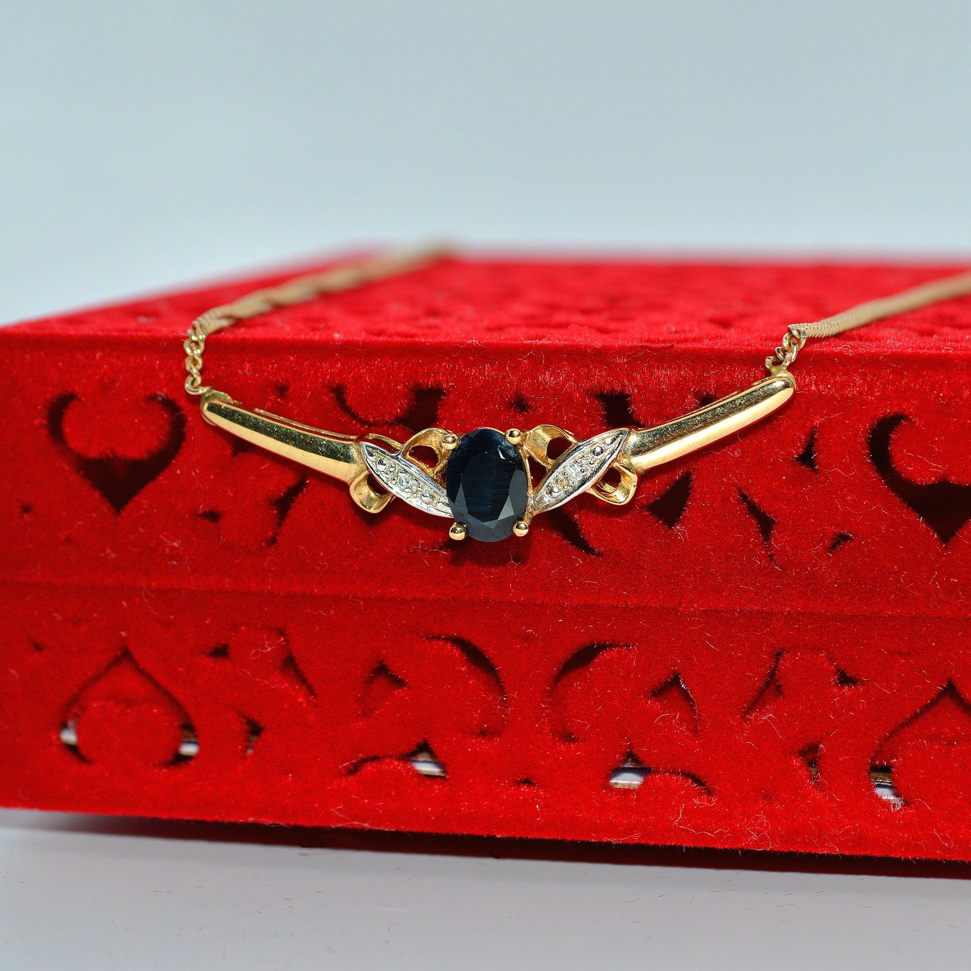 9ct Gold - Sapphire & Diamond Lavaliere Necklace side on outside box