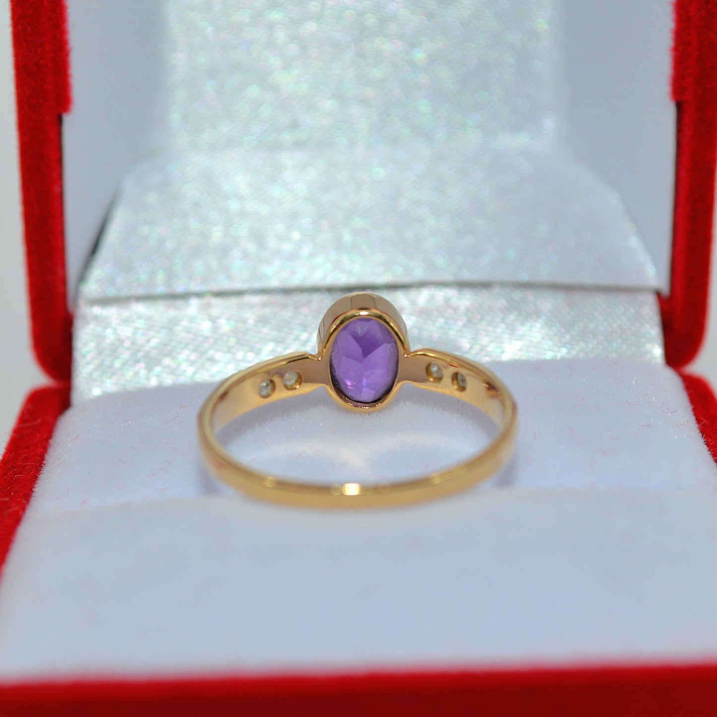 Vintage 1981 - 9ct Gold - Amethyst & Diamond Ring box rear on