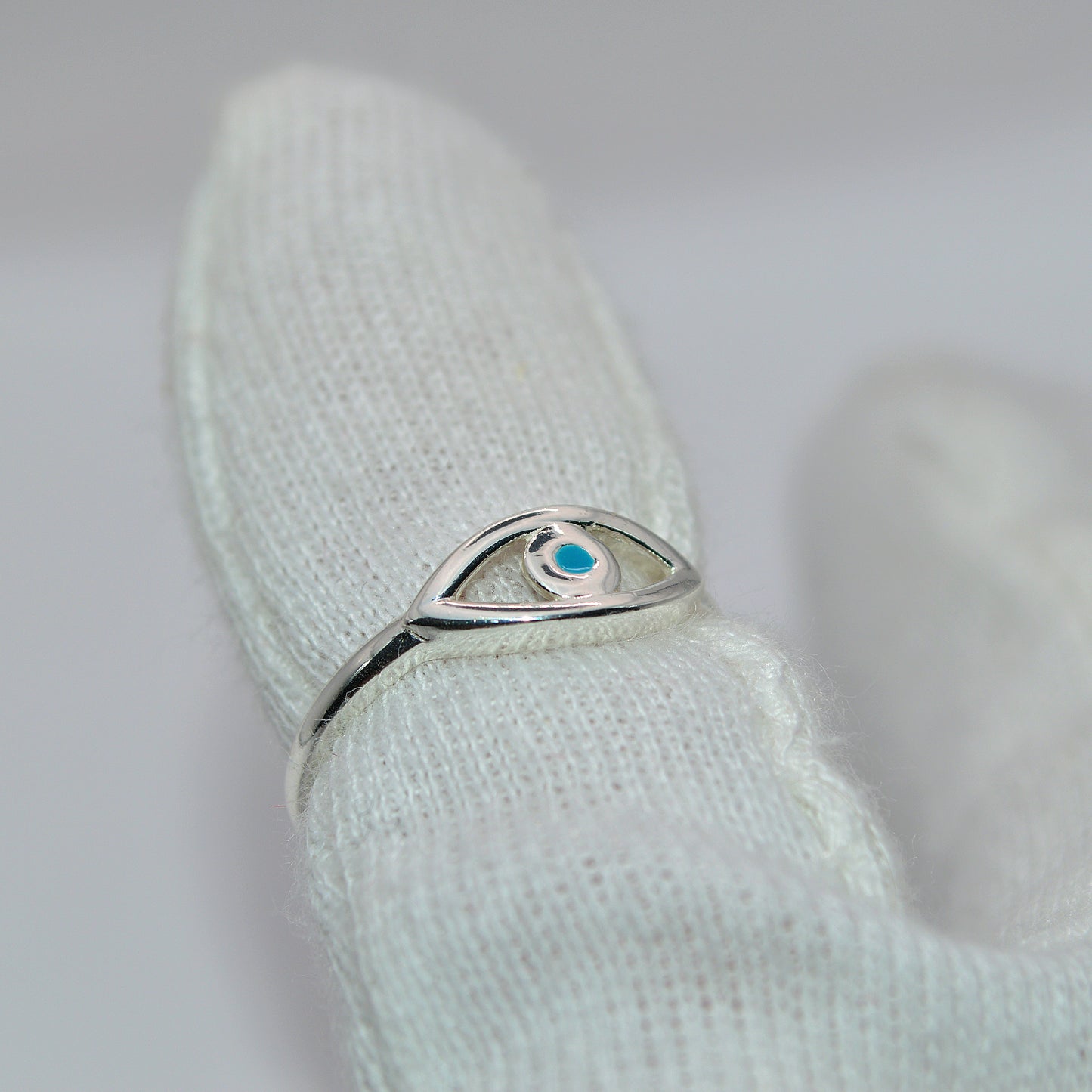 Sterling Silver - Evil Eye Ring angled right finger close