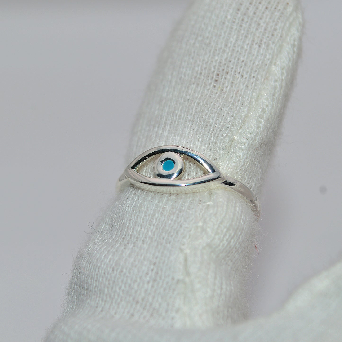 Sterling Silver - Evil Eye Ring angled left finger