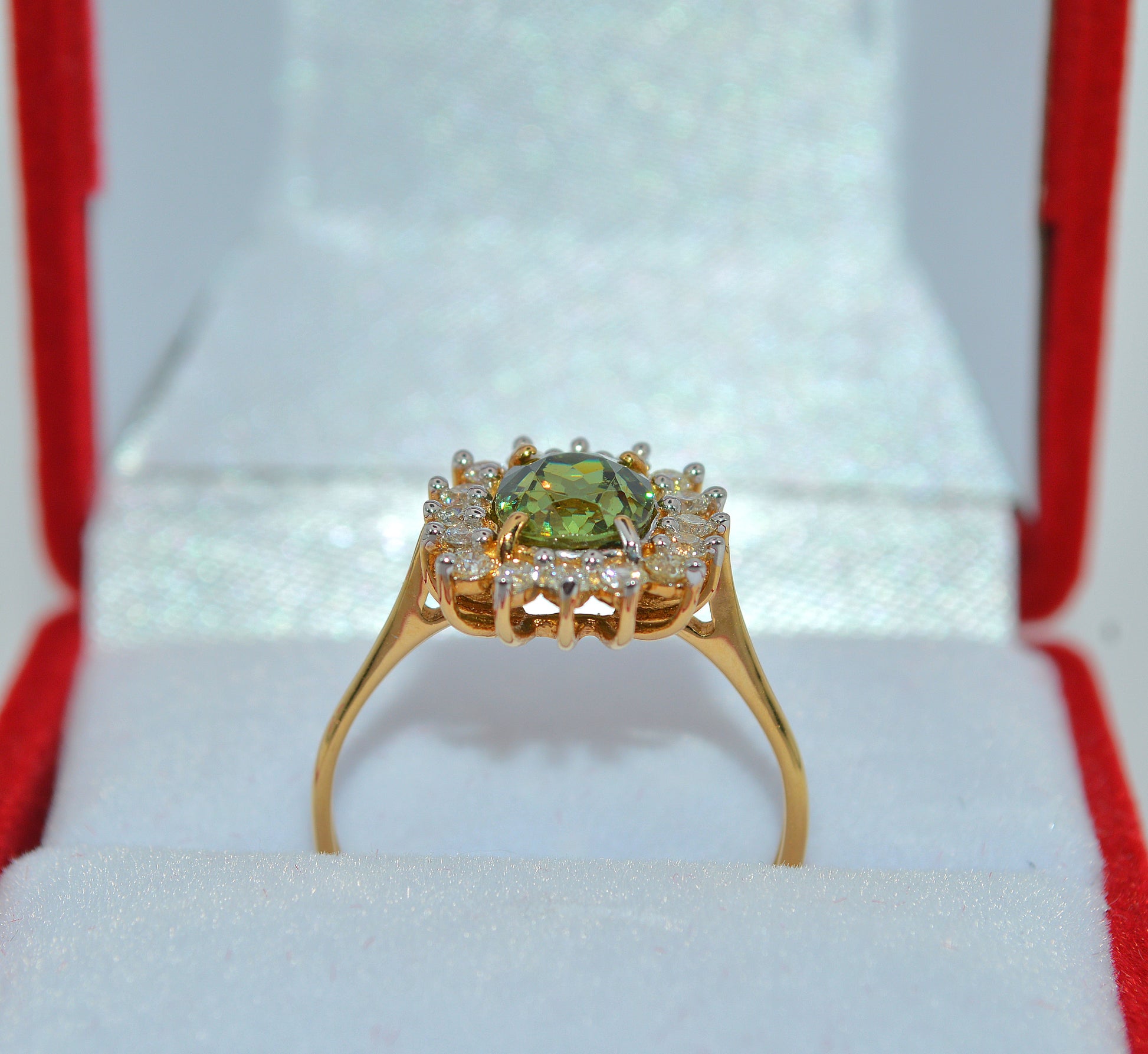 18ct Gold -Demantoid Garnet & Diamond Cluster Ring front on upright
