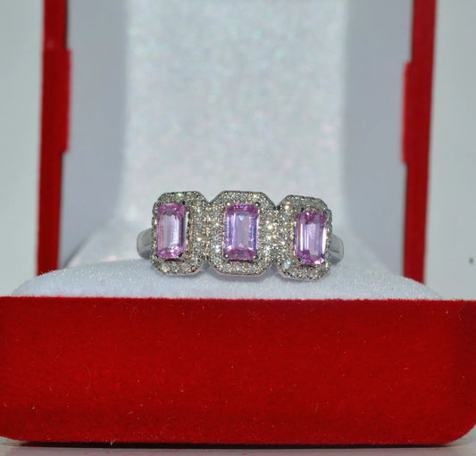 18ct White Gold - Pink Sapphire & Diamond Trilogy Ring front