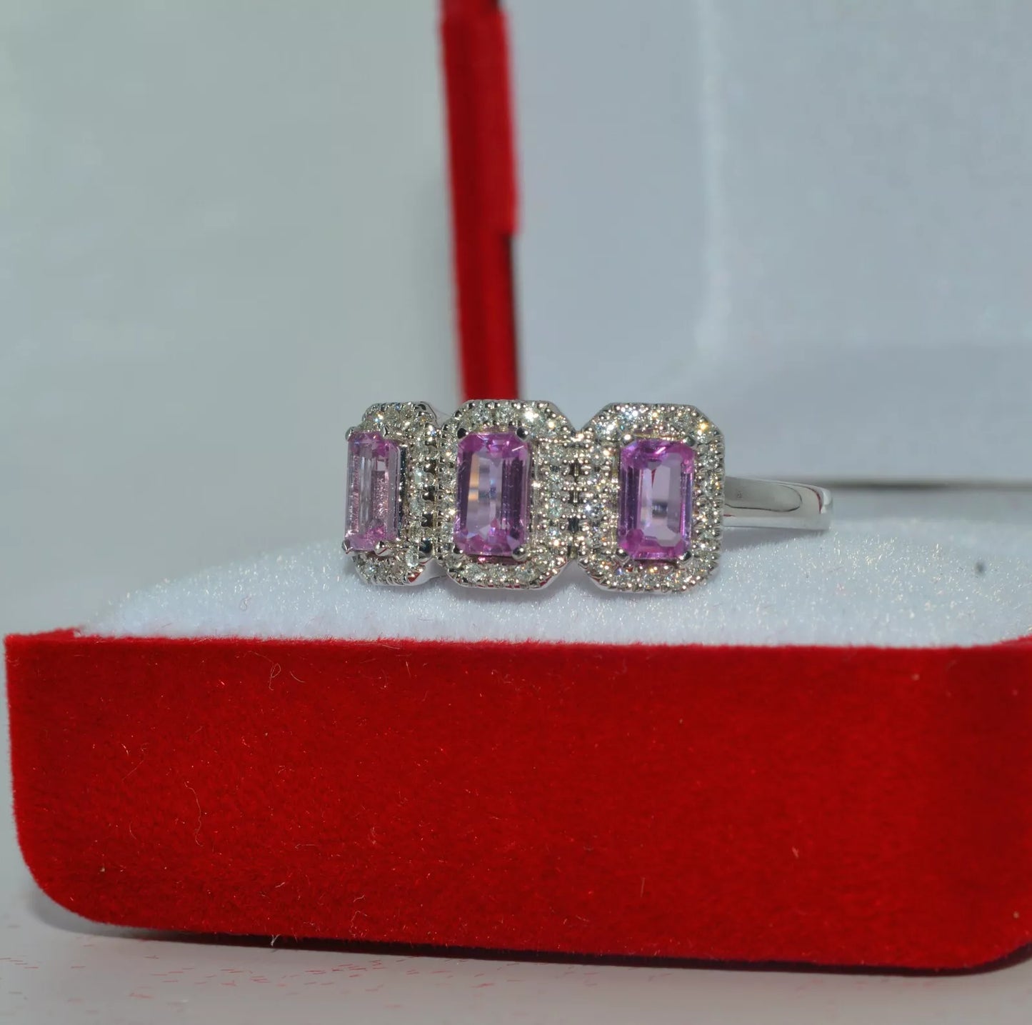 18ct White Gold - Pink Sapphire & Diamond Trilogy Ring left